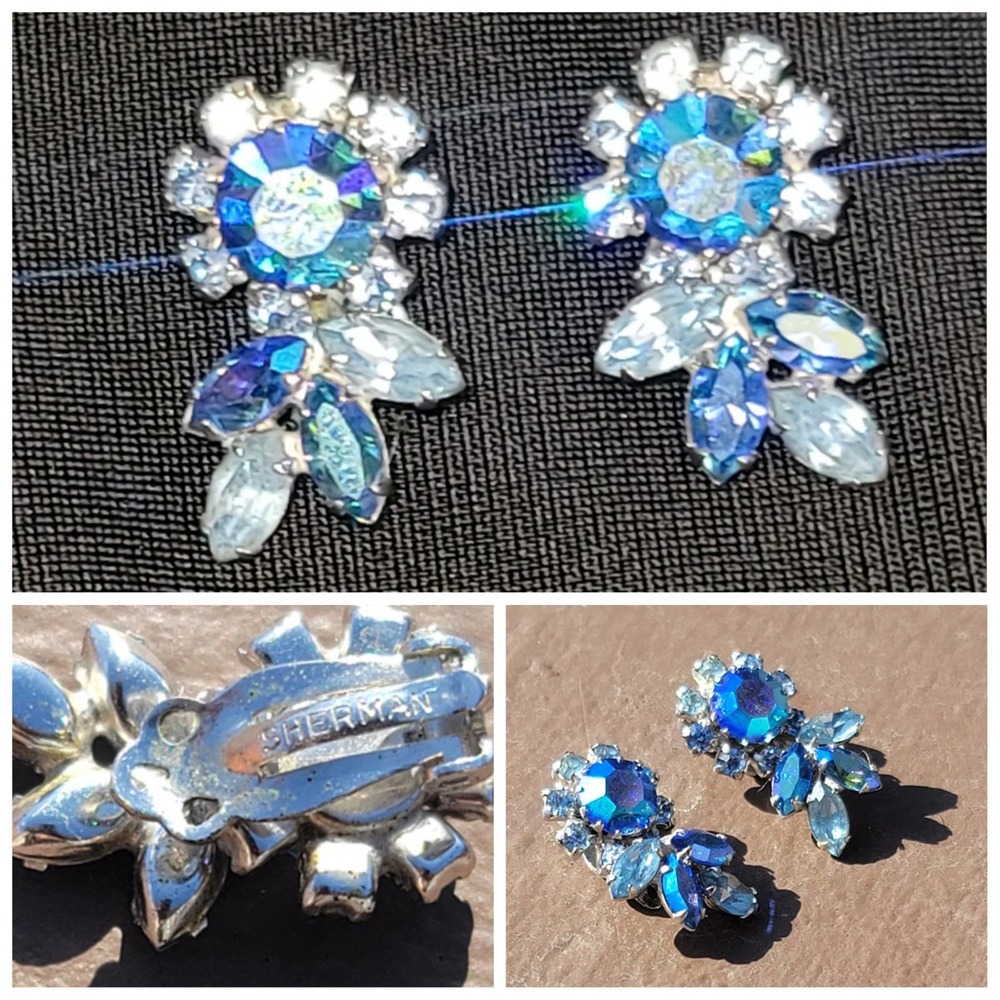 Vtg Sherman Signed Aurora Borealis Rhinestone Clip On Earrings